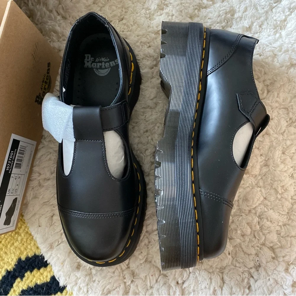 Dr. Martens Black Leather Platform Mary Jane / T strap with Yellow Stitching